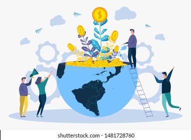 Look for a creative idea. Metaphor of a successful business. People grow money in the form of flowers from the hemisphere of the planet. Colorful vector illustration.