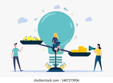 Look for a creative idea. Metaphor of a successful business. People weigh light bulbs and money on the scales.