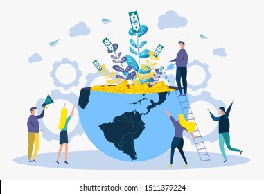 Look for a creative idea. Metaphor of a successful business. People grow money in the form of flowers from the hemisphere of the planet. Colorful vector illustration.