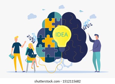 Look for a creative idea. Metaphor of a successful business. People are looking for a way to make money using creative ideas. Colorful vector illustration.