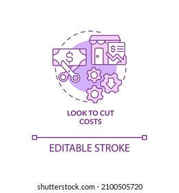 Look to cut costs purple concept icon. Budgeting for small business abstract idea thin line illustration. Isolated outline drawing. Editable stroke. Roboto-Medium, Myriad Pro-Bold fonts used
