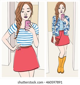 look of the day: Beautiful girl taking a mirror selfie with cute outfit. Woman holding smartphone in front of the mirror. fashion, style and social network concept. vector illustration