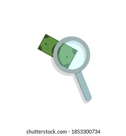 Look at the dollar, money under a magnifying glass, magnifying glass. Vector illustration, flat cartoon color minimal design, eps 10.