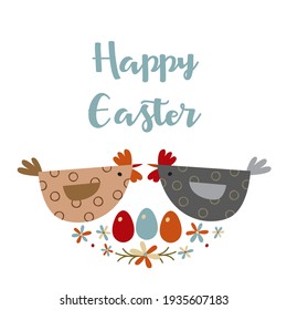 Сhickens look at each other, easter eggs, flowers. Postcard for Easter.