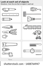 Look at each set of objects - Color the one that is longest in each set - Worksheet for education.