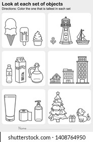 Look at each set of objects - Color the one that is tallest in each set - Worksheet for education.