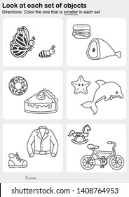 Look at each set of objects -  Color the one that is smaller in each set - Worksheet for education.