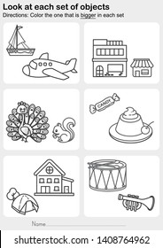Look at each set of objects - Color the one that is bigger in each set - Worksheet for education.