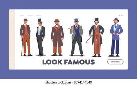 Buscar Plantilla De Página De Inicio Famosa. Caballeros victorianos ingleses, aristócratas, hombres del siglo XIX. Los Personajes Masculinos Usan Ropa Vintage, Sombrero Elegante Y Gafas. Ilustración del vector de dibujos animados