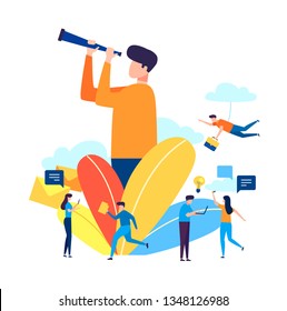 Look Forward. Vision Business Concept. Successful Businessman Looking In Telescope, Seeing Future. Vector Design. Isolated On Background. Spyglass In Hand. Search Solution. Forward Looking Person.