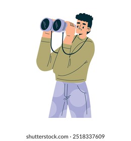 Mire al futuro con el personaje del hombre con la vista binocular Ilustración vectorial de horizonte