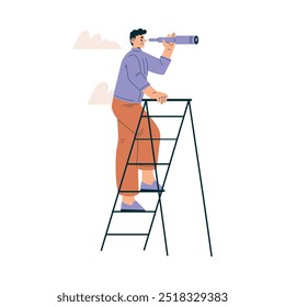 Mire hacia el futuro con la escalera de escalada del carácter del hombre con la Ilustración vectorial del horizonte de la vista del telescopio