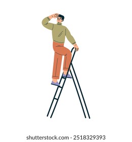 Look to Future with Man Character Climb Ladder View Horizon Vector Illustration
