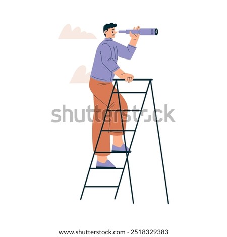 Look to Future with Man Character Climb Ladder with Telescope View Horizon Vector Illustration
