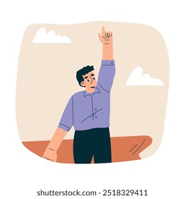 Look to Future with Man Character Point Finger Up in Sky View Horizon Vector Illustration