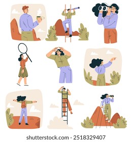 Look to Future with People Character View Horizon Vector Set