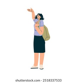 Look to Future with Woman Character with Backpack Standing View Horizon Vector Illustration