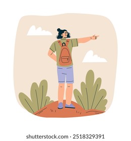 Look to Future with Woman Character Point Finger View Horizon Vector Illustration