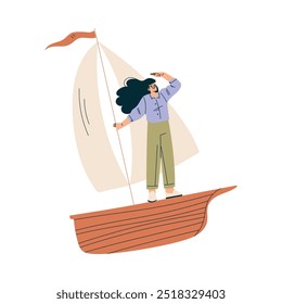 Look to Future with Woman Character Sail Boat View Horizon Vector Illustration