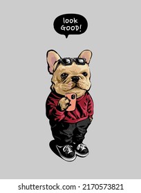 look good slogan with cartoon dog holding smartphone vector illustration