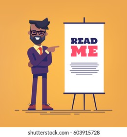 Look here! Happy handsome african american businessman in suit with beard pointing  to the flipchart  with the inscription read me. Flat vector illustration.