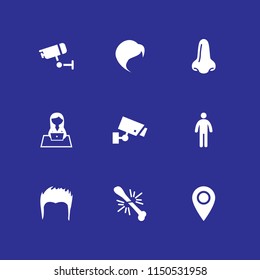 look icon. 9 look set with cctv, standing frontal man silhouette, big nose and broke vector icons for web and mobile app