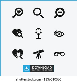 Look icon. collection of 9 look filled icons such as mirror, heart search, eye, zoom out, binoculars, telescope. editable look icons for web and mobile.