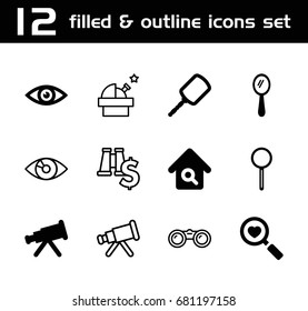 Look icon. set of 12 look filled and outline icons such as mirror, heart search, magnifier, home search, eye, binoculars, telescope, observatory