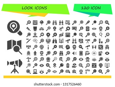 look icon set. 120 filled look icons.  Collection Of - Search, Telescope, Magnifying glass, View, Mirror, Loupe, Binoculars, Zoom, Zoom out, Spyglass, Tube, Glass, Webcam, Research