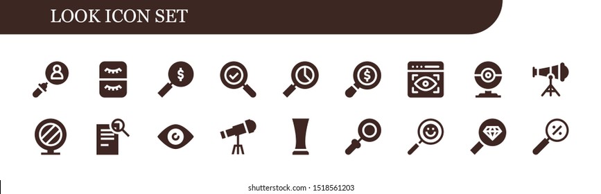 look icon set. 18 filled look icons.  Simple modern icons about  - Search, Eyelash, View, Webcam, Telescope, Mirror, Eye, Glass, Magnifying glass