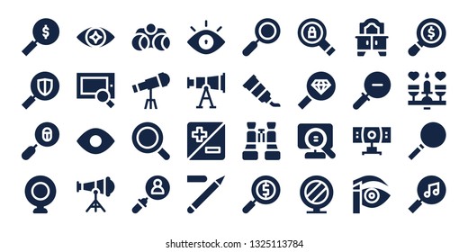 look icon set. 32 filled look icons. on blue background style Simple modern icons about  - Search, Loupe, Webcam, Eye, View, Telescope, Binoculars, Magnifying glass, Zoom, Eyeliner