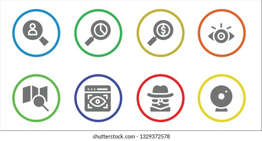 look icon set. 8 filled look icons.  Collection Of - Search, View, Detective, Webcam