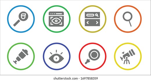 look icon set. 8 filled look icons. Included Search, Spyglass, View, Eye, Searcher, Loupe, Zoom, Telescope icons