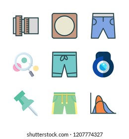 look icon set. vector set about short, shorts, magnifying glass and pin icons set.