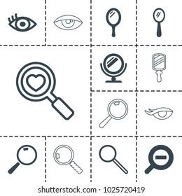 Look icons. set of 13 editable filled and outline look icons such as mirror, eye, zoom out, heart search, search