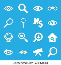 Look icons set. set of 16 look filled icons such as mirror, eye, heart search, magnifier, search, binoculars, binoculars with dollar sign