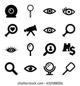 Look icons set. set of 16 look filled icons such as mirror, eye, magnifier, search, web camera, user search, binoculars with dollar sign