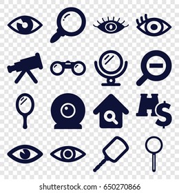 Look icons set. set of 16 look filled icons such as mirror, eye, magnifier, zoom out, home search, web camera, binoculars, search, binoculars with dollar sign