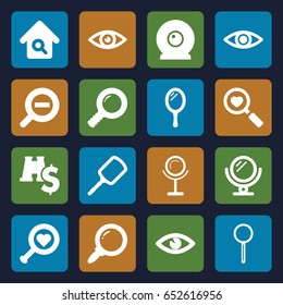 Look icons set. set of 16 look filled icons such as mirror, eye, heart search, magnifier, zoom out, home search, web camera, search
