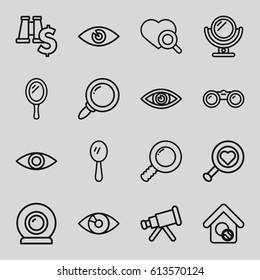 Look icons set. set of 16 look outline icons such as mirror, heart search, eye, home search, web camera, binoculars, telescope, search