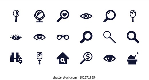 Look icons. set of 18 editable filled look icons: eye, observatory, search, home search, binoculars, mirror, binoculars with dollar sign