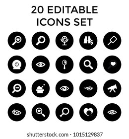 Look icons. set of 20 editable filled look icons such as mirror, telescope, dollar search, eye, observatory, heart search, search. best quality look elements in trendy style.