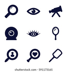 look icons set. Set of 9 look filled icons such as mirror, eye, web camera, user search, search, telescope