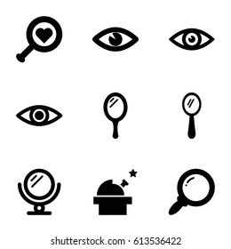 Look icons set. set of 9 look filled icons such as mirror, eye, search, observatory