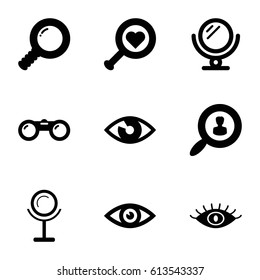 Look icons set. set of 9 look filled icons such as mirror, eye, user search, binoculars, search