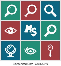 Look icons set. set of 9 look filled icons such as mirror, eye, search, binoculars with dollar sign