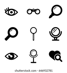 Look icons set. set of 9 look filled icons such as mirror, heart search, magnifier, eye, binoculars