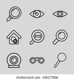 Look icons set. set of 9 look outline icons such as magnifier, zoom out, eye, home search, web camera, binoculars