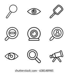 Look icons set. set of 9 look outline icons such as mirror, eye, magnifier, search, zoom out, web camera, user search