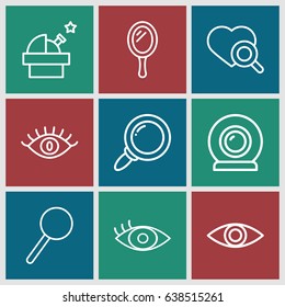 Look icons set. set of 9 look outline icons such as mirror, eye, heart search, magnifier, web camera, observatory